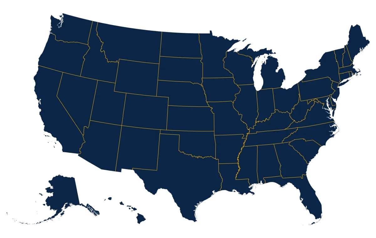 Map of the United States showing all states served