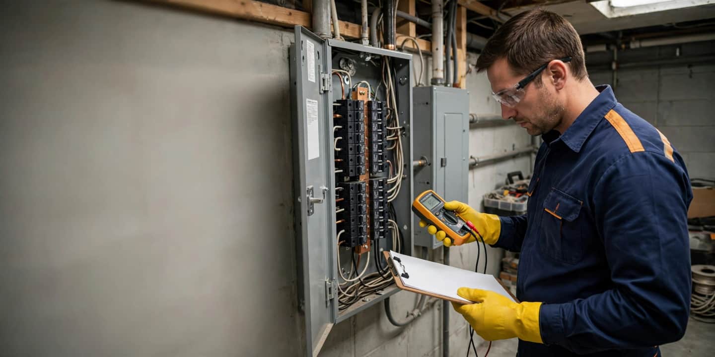 Electrician testing breakers during a panel inspection